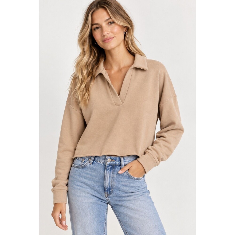 Vuori Sedona Polo Pullover Women’s S Beige Tan Cropped Sweatshirt VW290